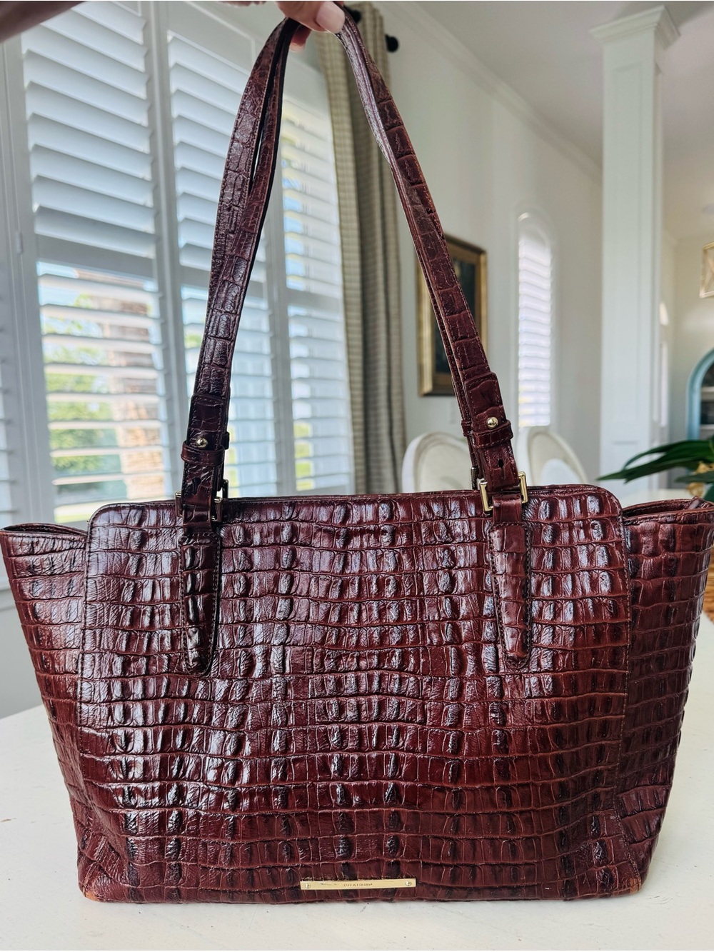 Brahmin Croc-Embossed Leather Tote in Deep Burgundy